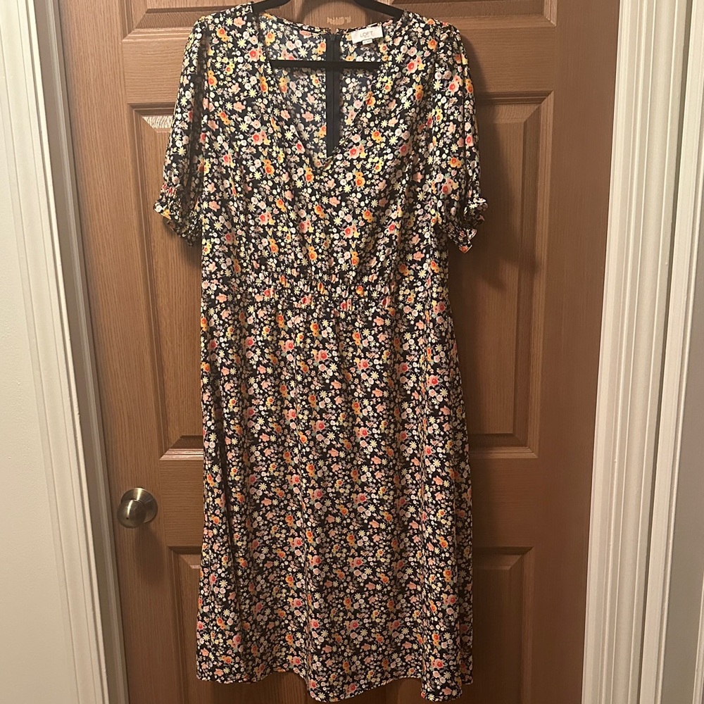 LOFT Black Midi Dress with Pink & Orange Floral Print